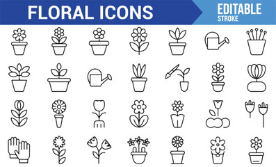 Gardening Icons Set Including Flowerpots, Watering Can, and Blooming Plants © R Hasan