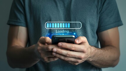 Person holding a smartphone displaying a glowing blue loading bar and text indicating progress or charging status