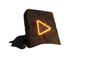 Neon play button symbol on a dark stone isolated on transparent background