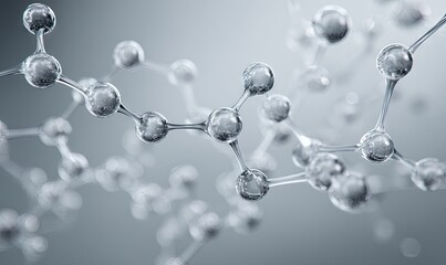 Abstract 3D rendering of interconnected transparent spheres and rods, resembling a molecular structure against a blurred grey background