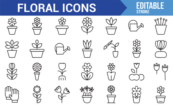 Gardening Icons Set Including Flowerpots, Watering Can, and Blooming Plants