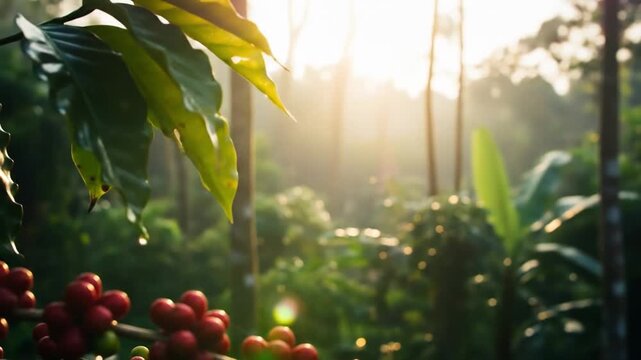 Closeup of Ripe Coffee Cherries on a Branch in Morning Sunlight.