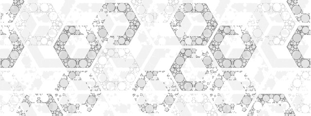 Monochrome vector hexagon grid with chaotic circular lace elements. Abstract geometric background pattern for posters, banners, flyers, covers, and modern digital design projects.