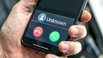 Close up of a person s hand holding a smartphone displaying an incoming call from an unknown number with accept and reject options