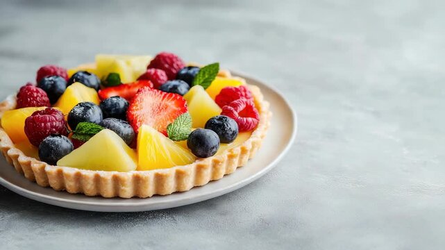 Colorful fruit tart with fresh berries and pineapple on plate