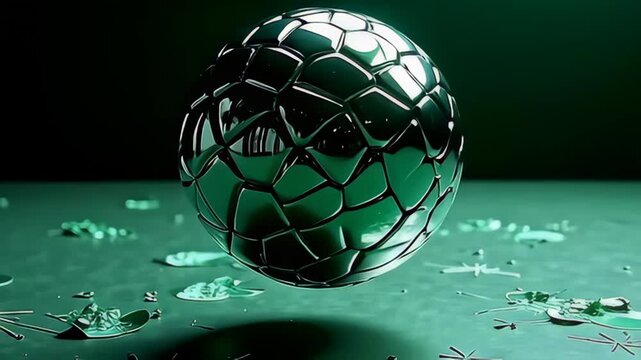 Suspended in a boundless space, a metallic molecule orbiting through its own mirrored layers reflects a rich tapestry of emerald greens and silvers, pulsating steadily while casting