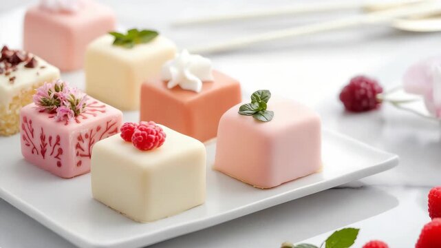 Tray of assorted decorated petit fours with various toppings