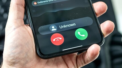 Close up of a hand holding a smartphone displaying an incoming call from an unknown number with options to answer or decline