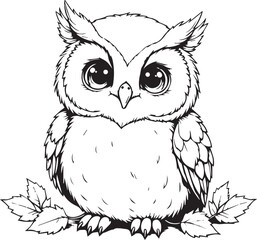 Cuddly Owl Illustration: A charming illustration of a baby owl with large eyes and cute expression, set on a branch surrounded by leaves. capturing the innocence and charm of the forest creature.