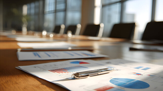 Close-up of a meeting table with documents, charts, and a pen, natural light
