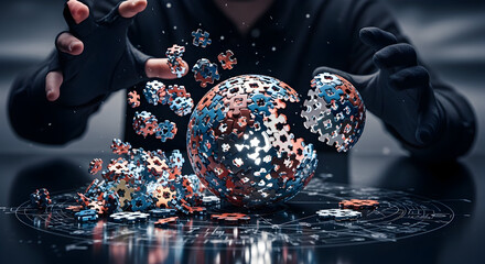 Dynamic illustration of a puzzle sphere coming together, symbolizing teamwork, problem-solving, and innovative solutions for complex challenges