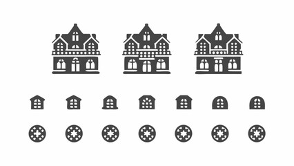 Fototapeta premium Three victorian style houses with various window designs arranged in a structured grid pattern layout