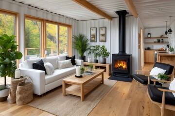 Fototapeta premium Modern living room interior design in shipping container home featuring fireplace and large windows