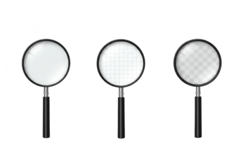 Three magnifying glasses isolated on transparent background