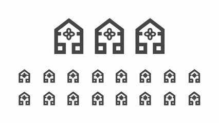 Illustration of multiple house icons with flower symbol in the center and square shaped legs arranged in rows