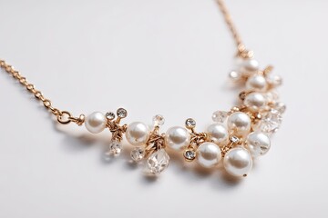 Obraz premium Delicate gold chain necklace adorned with creamy pearls and sparkling clear crystals, arranged in an asymmetrical, cascading cluster