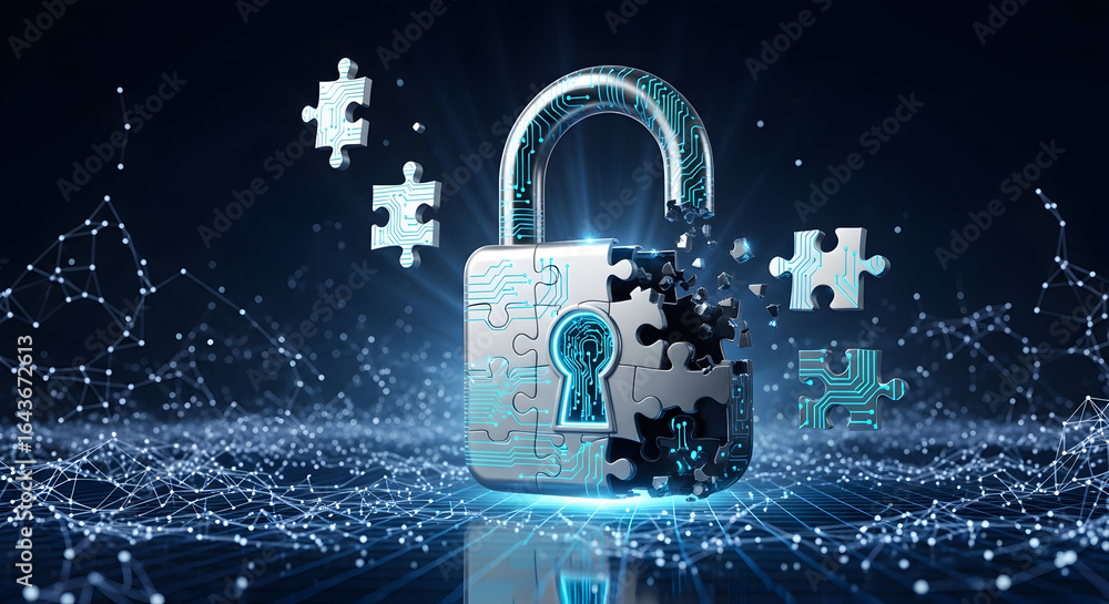 Poster cybersecurity concept with digital padlock and puzzle pieces, representing data protection, network 
