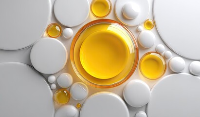 Abstract composition of overlapping white circles and translucent amber spheres, creating a visually striking, glossy, and three-dimensional effect.  A central, larger amber circle is highlighted