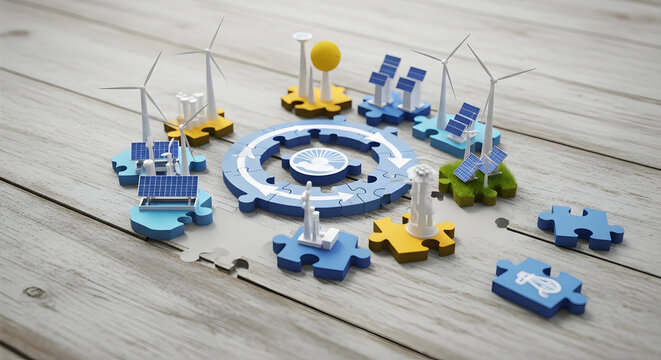 Renewable energy sources on jigsaw puzzle pieces representing sustainability, clean power, and eco-friendly solutions for a greener future