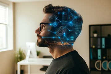 Conceptual Man Silhouette with Tech Data Network and Digital City Overlay