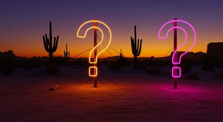 Two illuminated question mark signs stand in the desert with a vibrant sunset, creating a surreal and thought-provoking scene.
