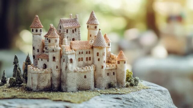 Miniature medieval castle model with turrets on rock, surrounded by trees