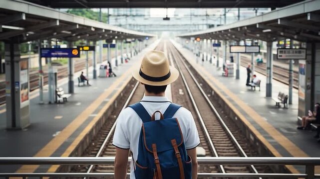A lone traveler with a backpack contemplates his journey ahead at a symmetrical Japanese train station.