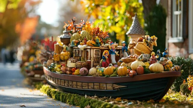 Festive autumn float with pumpkins, foliage, and scarecrows outdoors