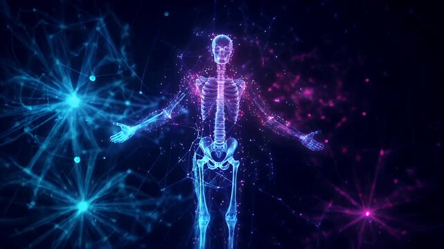 3D rendered digital artwork of a human skeleton surrounded by a network of glowing lines and dots. The skeleton is depicted in a meditative pose, with arms outstretched and legs slightly bent.