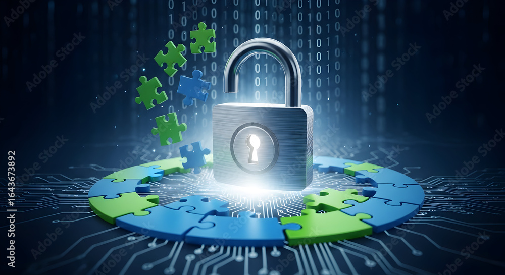 Poster secure data protection concept featuring padlock and puzzle pieces representing cyber security, priv