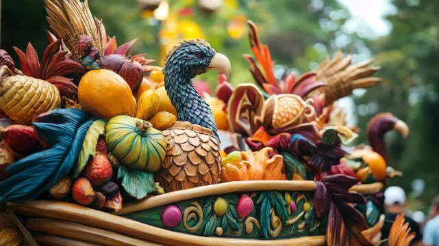 Colorful float with fruits, vegetables, and bird sculptures in parade