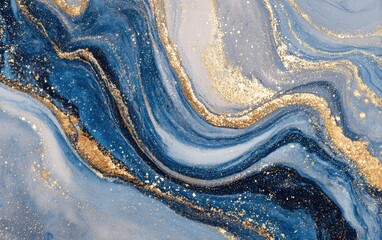Abstract fluid art with swirling blues, purples, and gold glitter accents, creating a luxurious and elegant texture