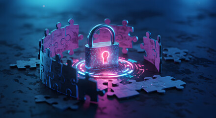 Cybersecurity concept with glowing padlock surrounded by puzzle pieces, representing data protection and digital security in a modern world, secure and safe