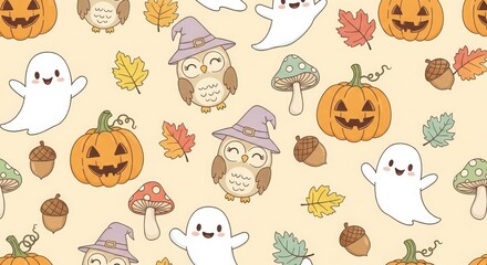 Fototapeta premium Cute halloween seamless pattern with pumpkin and ghost on yellow background