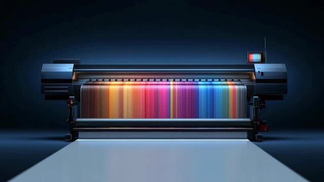 A wide format printer producing a vivid spectrum of colors, showcasing its precision and high-quality output on a reflective surface against a dark backdrop.