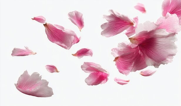 Delicate pink petals float and swirl against a stark white background, creating a sense of ethereal lightness and movement
