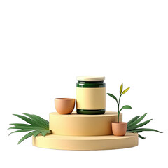 Product display of a green jar on a tiered stand with terracotta pots and plants.