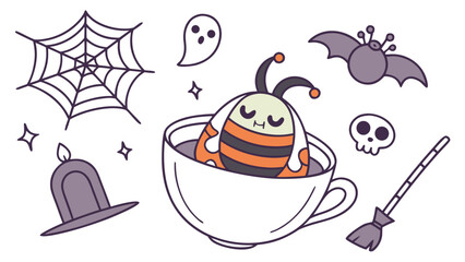 Sleepy  moth with in a teacup, set in a charming Halloween theme – Spooky Fun color vector art