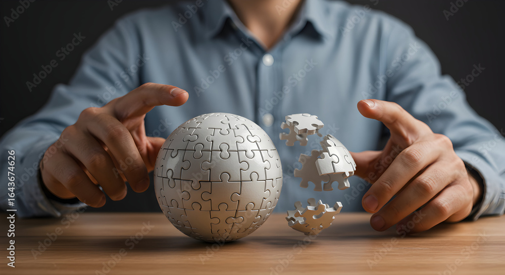 Poster man assembling spherical puzzle representing teamwork, problem-solving, and innovative solutions in 