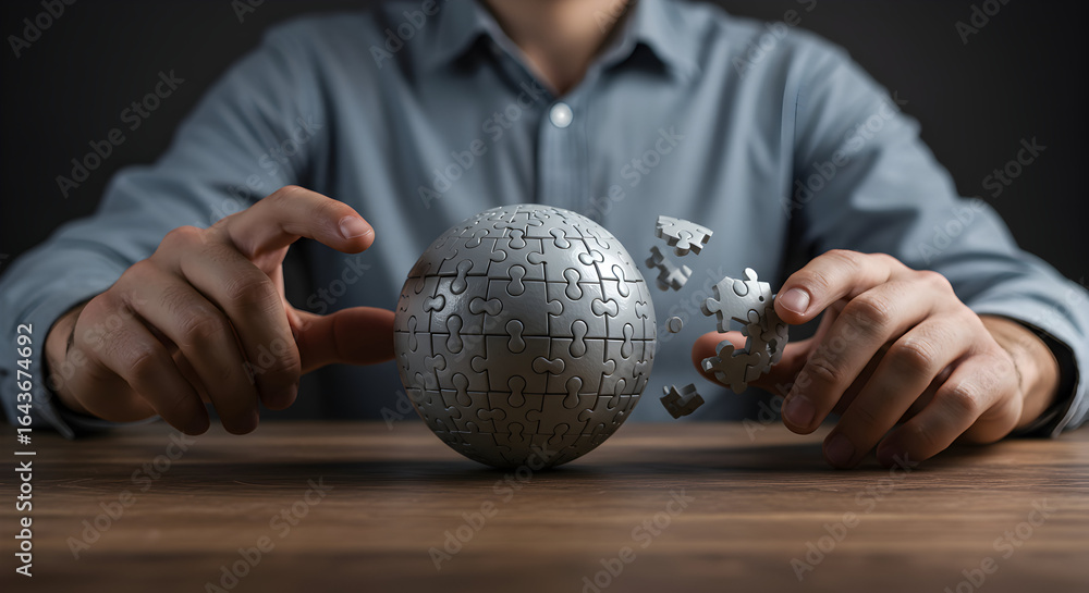 Aufkleber man assembling a spherical puzzle, symbolizing problem-solving, teamwork, and global connections for