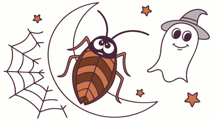 Delightful Funny  cockroach in a Halloween scene with sitting on a moon – Spooky Fun vector illustration