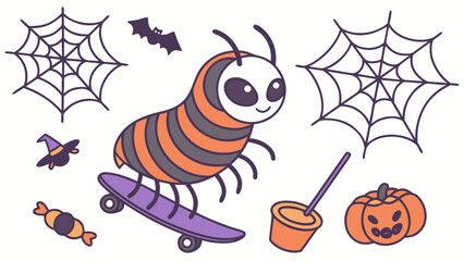 SVG art: A Grumpy  centipede in a Halloween vibe with riding a skateboard, tinted with Spooky Fun tones