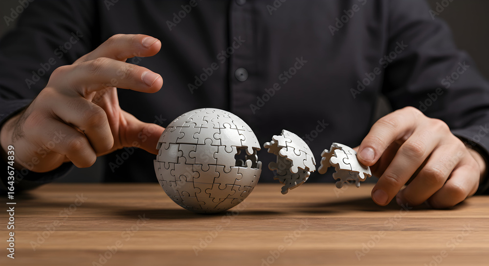 Poster businessman assembling the puzzle globe, symbolizing global solutions, teamwork, and problem-solving