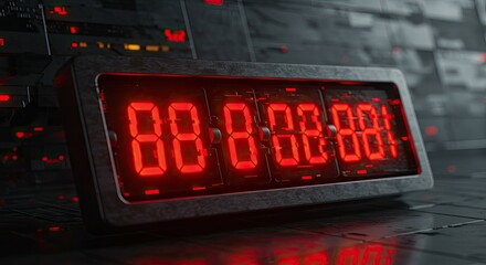 Glowing Red Digital Countdown on a Futuristic Clock in a Dark, Industrial Sci-Fi Scene