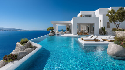 Fototapeta premium White villa with swimming pool and sea view