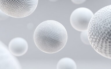 Fototapeta premium Abstract image of numerous textured white spheres floating against a pale gray backdrop, creating a sense of depth and three-dimensionality
