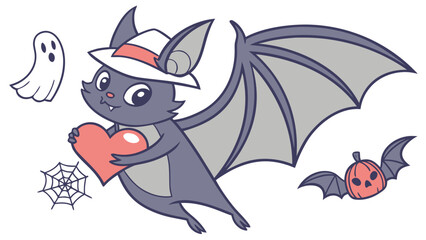 Cute SVG of a Mischievous  vampire bat in Spooky Fun colors, featuring holding a heart in a Halloween setting