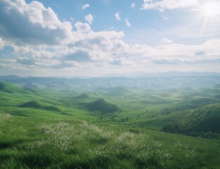 Naklejka premium Serene rolling hills bathed in soft sunlight, a picturesque landscape.