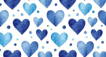 A watercolor heart pattern featuring blue hearts and dots on a white background, creating a loving and artistic design.