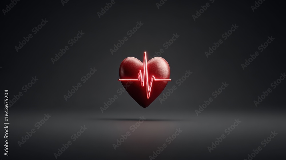 Poster heartbeat symbol in red heart shape with neon pulse line on dark background